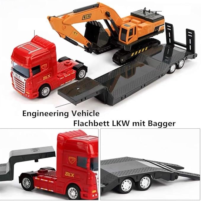 ZUKULIFE Construction Truck Toy Set Vehicles Site Playset, Flatbed Truck Excavator, Trailer, Birthday Gift for 3 4 5 6 Year Olds Boys Kid Toddler Child