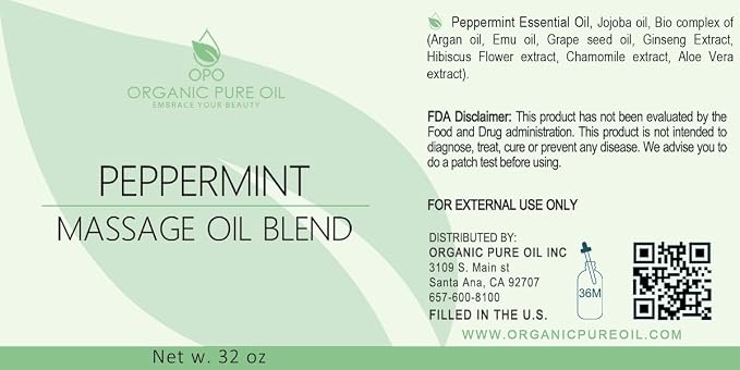 Peppermint Massage Oil Blend - Natural, Non-GMO, Peppermint Essential Oil Mix of Jojoba, Argan, Grapeseed & More - 32 oz - Soothing, Deep Tissue, Muscles - Packaging May Vary