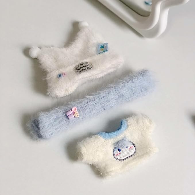 Clothes for 15/17cm Doll (No Doll), Fashion Outfit Set - Hat + Scarf + Top, Cute Dress Up Accessories (Furry)