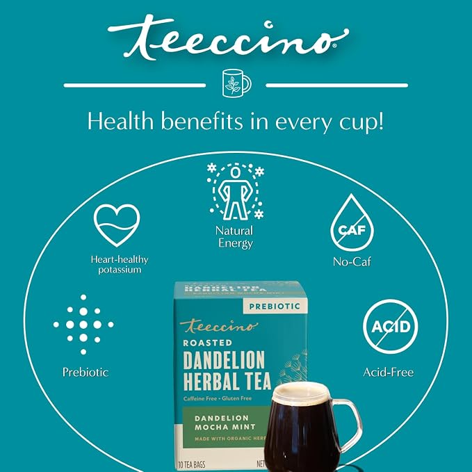Teeccino Dandelion Root Tea - Mocha Mint - Caffeine Free, Roasted Herbal Tea with Prebiotics, 3x More Herbs than Regular Tea Bags, Gluten Free - 10 Tea Bags (Pack of 4)