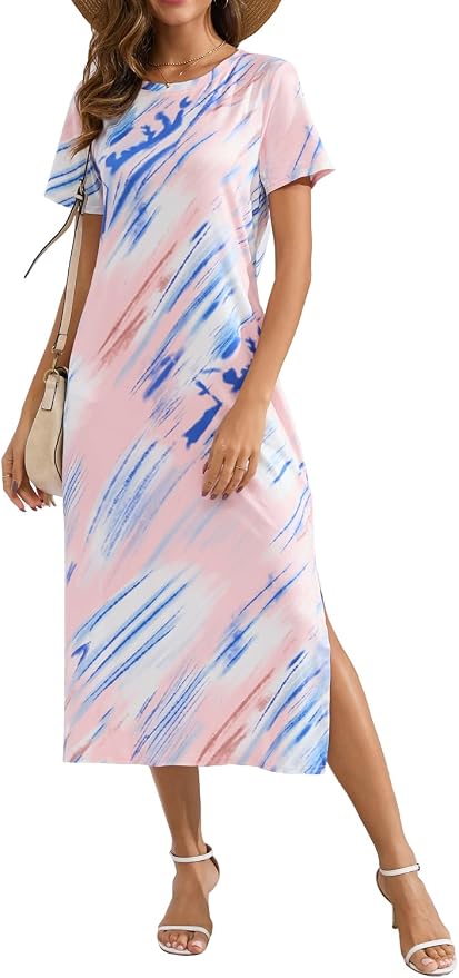 Naggoo Women's Casual T Shirt Midi Dress with Side Slit and Pockets