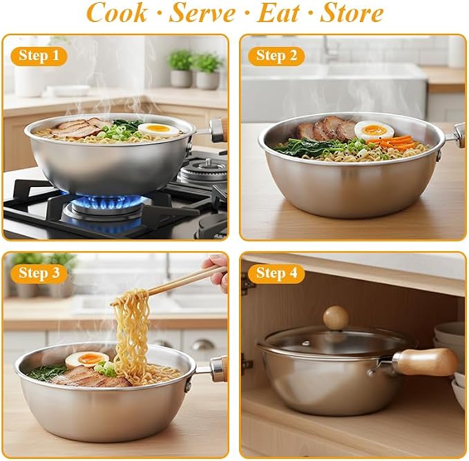 Korean Ramen Pot Set, 18/8 Stainless Steel Ramen Cooking Pot with Glass Lid, Coating-Free One-Person Dining Set, Wooden Handle Bowl, Fork Spoon Chopsticks&Sauce Dish, Safe for Gas Stove