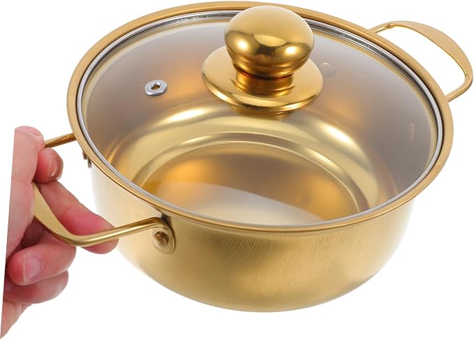1 PCS Korean Ramen Pot, Stainless Steel Induction Cooking Pot with Glass Lid, Golden Soup Noodle Pan with Dual Handles, Metal Small Saucepan for Boiling Ramyun, Broth for Home Kitchen