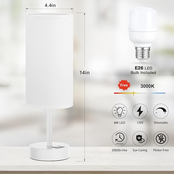 Dicoool White Touch Bedside Lamp for Bedroom - 3 Way Dimmable Table Lamp with USB, Nightstand Lamp with White Charging Station for Desk Dorm, Girl Kids Room, Small