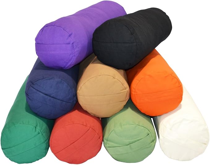 YogaAccessories Supportive Natural Cotton and Synthetic Batting Portable Round Yoga Bolster with Removable Cover, Sage