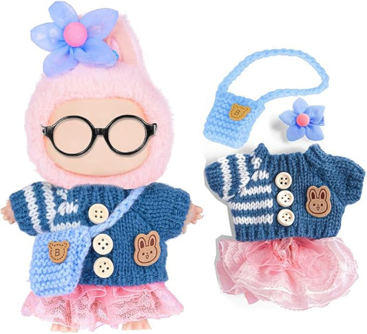 Fashion 17cm Doll Clothes Accessories Set Include: Flower Hairpin, Bag, Sweater and Dress- Cute Clothes for Dress up Your Dolls (Doll Not Included),Blue with Dress