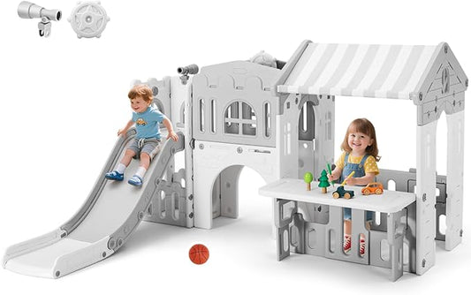 JOYLDIAS 9 in 1 Toddler Slide, Freestanding Kid Climber Slide Playset, Toddler Playhouse with Slide, Basketball Hoop and Climbing Frame, Indoor Outdoor Backyard Playground Toy for Toddlers Age 1-3+