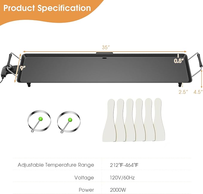 COSTWAY 35" Electric Griddle Teppanyaki Grill | Nonstick Extra Large Cooking Plate for Pancake Barbecue, with Adjustable Temperature & Drip Tray, 2000W
