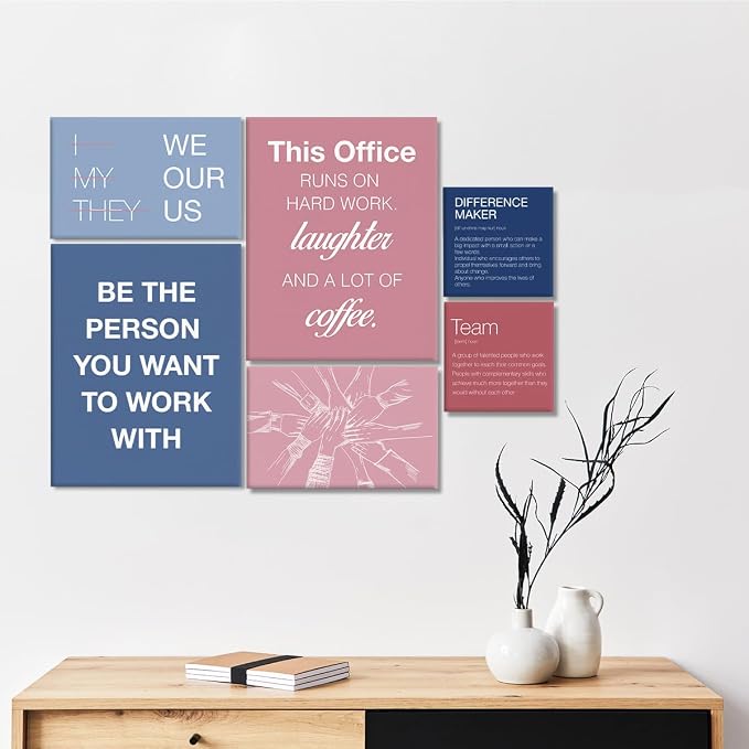 YEOION Motivational Office Wall Art,Inspirational Teamwork Wall Art for Office,Light Pink and Blue Positive Teamwork Wall Decor for Workplace Set of 6