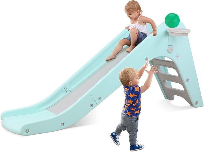 Arlopu Freestanding Kids Slide, Toddler Slide Climber with Basketball Hoop & Ball, Baby Playset w/Long Slope, for Boys and Girls Birthday, Sturdy Playground Toy for Indoor Outdoor (Robin Egg Blue)