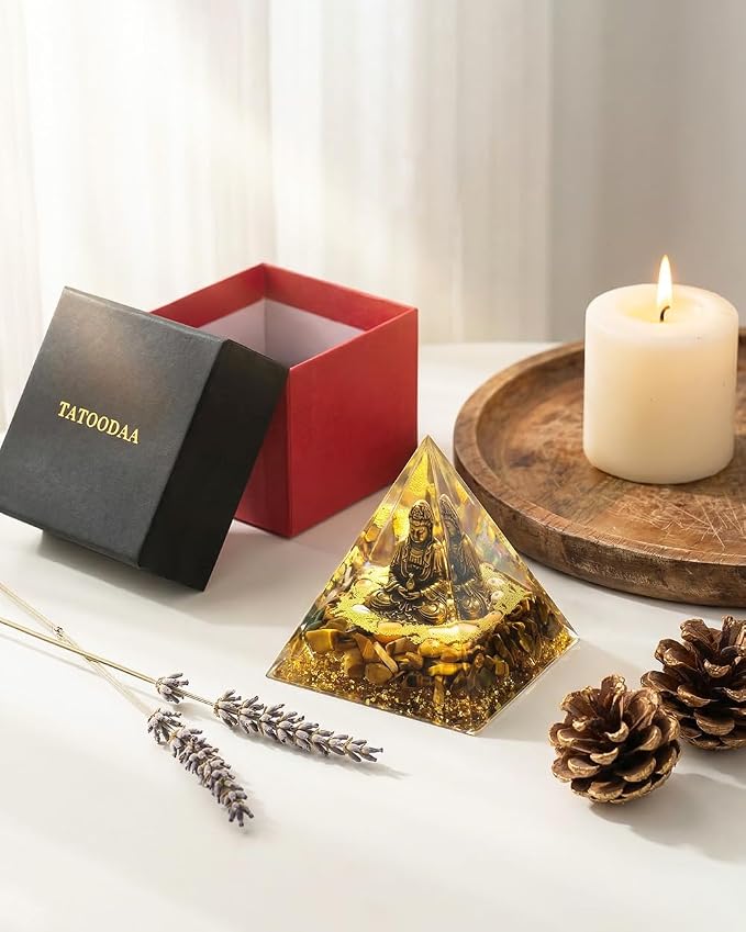 Orgone Pyramid with Healing Crystals - (Buddha, Golden) - Energy Generator for Positive Vibe, Stress Relief & Chakra Reiki Meditation - Pyramid Decor - Spiritual Gift for Success, Wealth & Prosperity