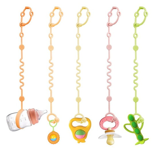 Toy Straps for Baby, 5pcs Adjustable Toy Holder for Stroller Accessories, Silicone Tether Pacifier Clip, No Throw Travel Essential Leash for High Chair, Car Seat (5 Pack Macaron)