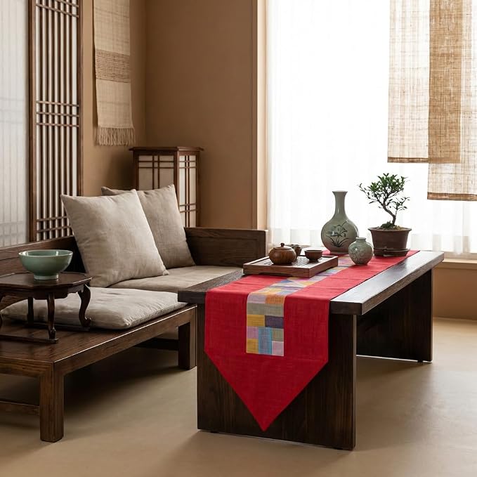 Korean Bojagi Table Runner, Ruby Red Ramie Patchwork, 78.8 x 11.8 Inch | Jogakbo-Inspired Design, Pointed Ends, Dining & Coffee Table Decor, Console Styling, Asian Home Accent
