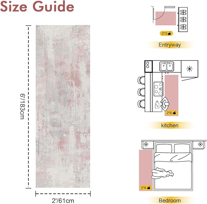 2x6 Ft Washable Runner Rug, Non-Slip Low Pile Hallway Kitchen Area Rug, Soft Long Entryway Floor Mat Abstract Pattern Carpet for Bedside & High-Traffic Areas (Pink)