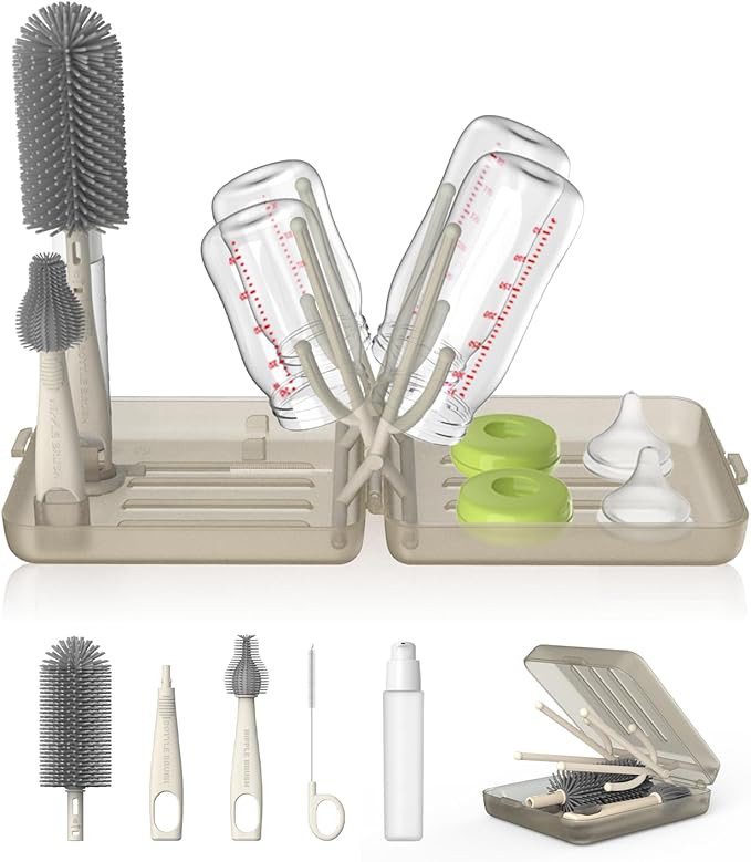 YOTIME Travel Bottle Brush Set, Auto-Open Rack & Vertical Brushs Drying Slots, 3 Brushes, Foldable Drying Rack, Dispenser, Travel Baby Essentials for On-The-Go Parents, Transparent Coffee