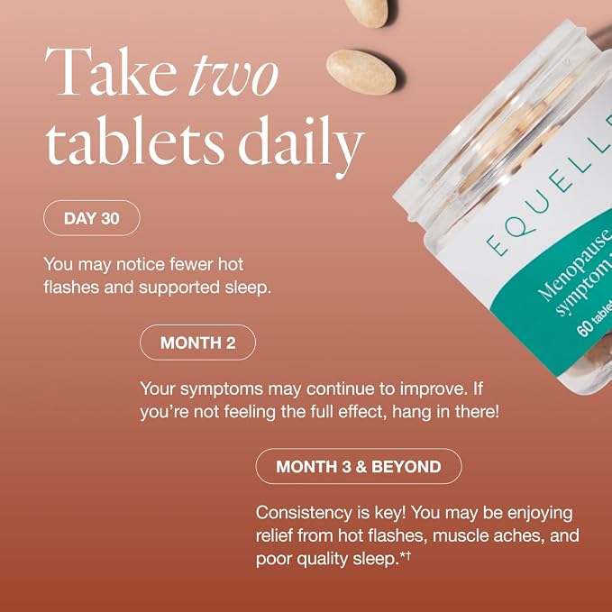 EQUELLE Multi-Symptom Menopause Relief Supplement for Women, Plant-Based S-Equol, Non-Hormonal & Non-Prescription, Fewer Hot Flashes, More Sleep, Relieves Muscle Aches, 3 Month Supply (180 Tablets)