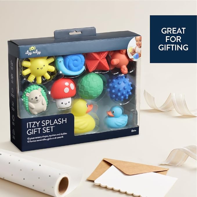 Itzy Ritzy 10-Piece Water Bath Toys Gift Set – Soft, Squeezable Multicolor Sensory Toy Set for Motor Skills, Imaginative Play, and Fun Bathtime Activities