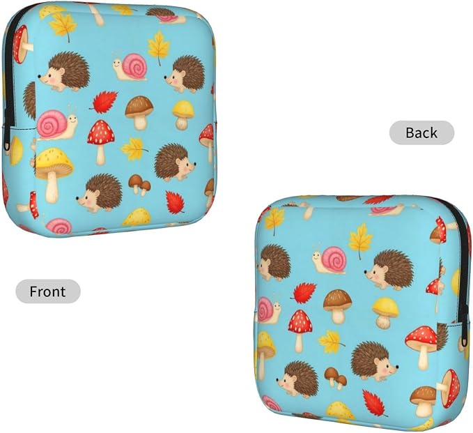 Cute Tampon Storage Pouch for Ladies, Mushrooms Hedgehogs Snail, Polyester Period Bag with Zipper, Multifunctional Storage for Jewelry