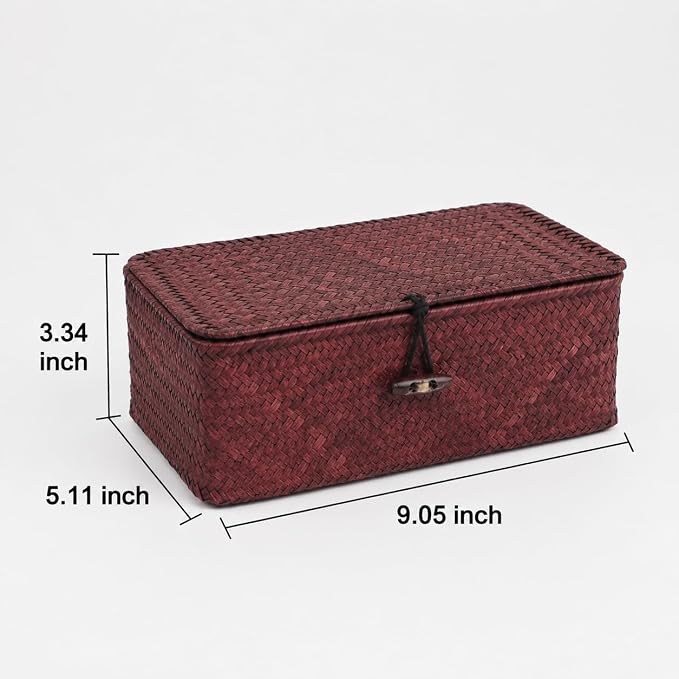 Seagrass Wicker Storage Basket with Lid, Small, Red | 9.05 x 5.11 x 3.34 Inch Box, Shelf Organizer, Rectangular Woven Bin, Small Item Storage, Decorative Color