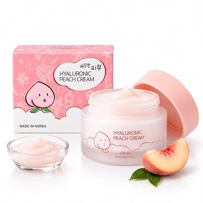esfolio made in Korea Hyaluronic Peach Cream 2.82 Oz, Lightweight Daily Facial Moisturizer with Hyaluronic Acid and Peach Extract, Fast Absorbing Hydration Cream for Dry and Normal Skin