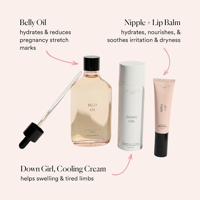 HATCH The Growing & Glowing Gift Set, Pregnancy Care, Prenatal, Postpartum Essentials Trio with Hydrating Belly Oil, Soothing Leg & Foot Cream, & Nourishing Rescue Balm