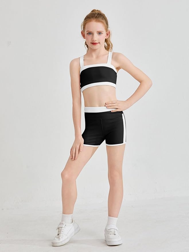 Haloumoning Girls 2 Piece Outfits Athletic Color Block Training Bra and High Waisted Shorts Clothing Sets 5-14Y
