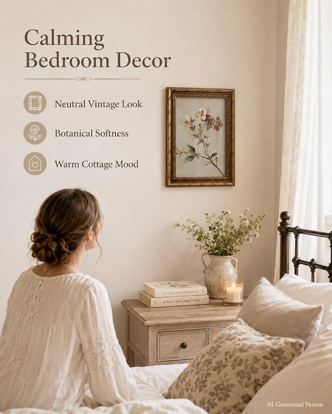 Wildflower Wall Art, Vintage Gold Framed Botanical Canvas, 16 x 24 in | Rustic farmhouse floral print for living room, bedroom, kitchen, hallway, cottagecore or country home decor.