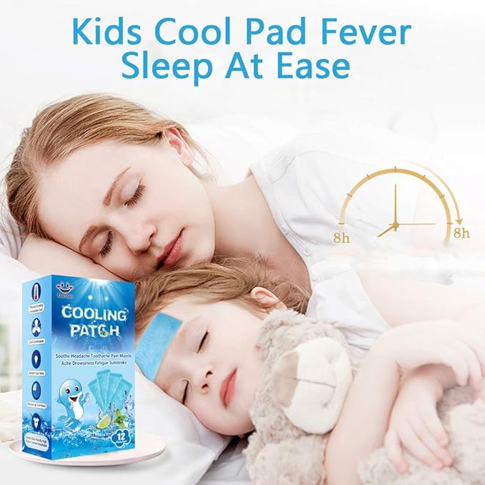 12 Sheets Cooling Patches for Fever Discomfort & Pain Relief, Cooling Relief Fever Reducer, Soothe Headache Pain, Pack of 12