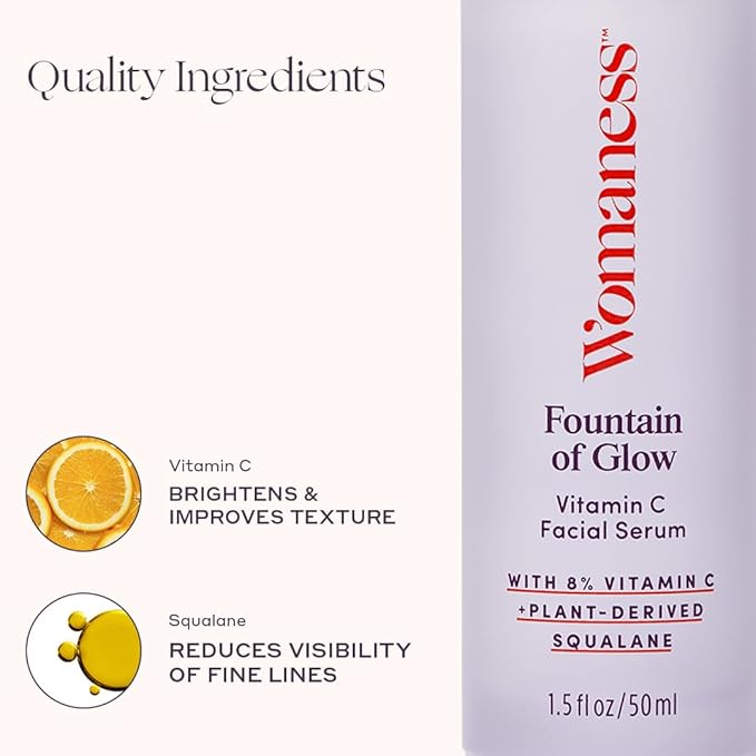 Womaness Fountain of Glow - Vitamin C Face Serum, Brightening Glow Serum with 8% Vitamin C & Plant-Derived Squalane Oil, Antioxidant Serum for Even Skin Tone, Menopause & Perimenopause Care - 30ml