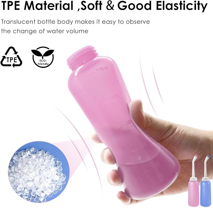 Peri Bottle Postpartum, RUFCRIL 2-Pack 500ml Portable Bidet, Upside Down Perineal Wash Bottle, Boilable TPE, Travel Bag, for Perineal Care, Hemorrhoid Care, Feminine Cleansing & Baby (Pink/Blue)