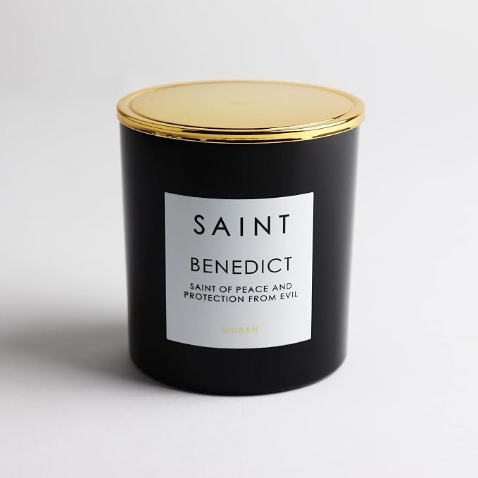 SAINT Benedict Scented Candle with Prayer and Prayer Coin | Saint of Peace and Protection from Evil, Soy Coconut Aromatherapy Candle with 50 Hour Burn Time