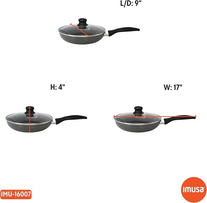 IMUSA 9.5 Inch Chef Cera Aluminum Ceramic Fry Pan with Glass Lid, Gray | Ceramic Nonstick Coating, Glass Lid with Cool-Touch Handle, For Sautéing, Stir-Frying, Everyday Cooking