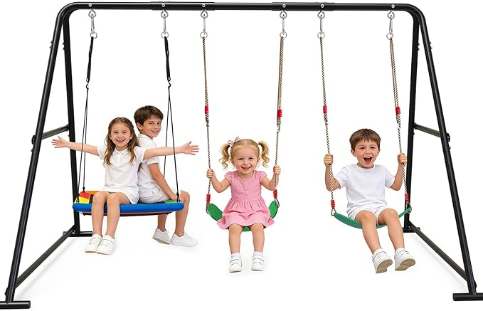 3-in-1 Swing Set for Backyard for Kids, with 1 Platform Swing, 2 Belt Swing, 600lbs Metal Swing Set for Toddler, Heavy-Duty Swing Stand w/8 Ground Stakes, Outdoor Swingset for Kids Adults (Black)