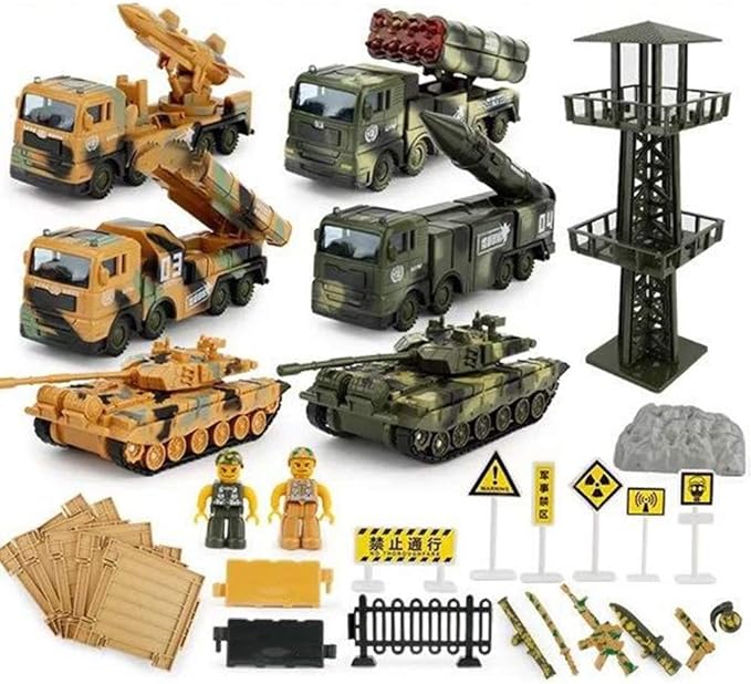 Military Vehicles and Army Battle Site Set with Storage Container, 6 Vehicles, Scout Tower, Missile Truck, Tank (Military-playsets)