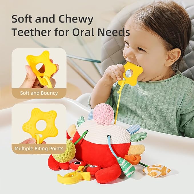Crab Car Seat & Stroller Toy for Babies 0-12 Months, Sensory Hanging Toy with Rattle, Mirror, Squeaker, BPA-Free Pull Strings, Fine Motor Skills Baby Gift for Newborn Infant Boy Girl