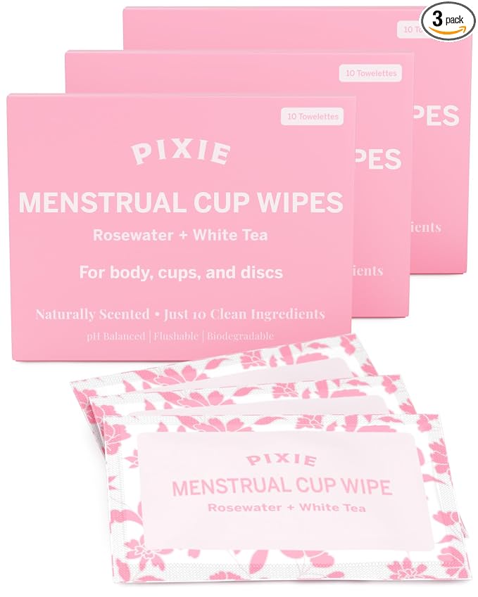 Pixie Feminine Wipes – Naturally Scented Rosewater + White Tea – Flushable, Biodegradable & pH Balanced – Individually Wrapped Wipes for On The Go – Cleaner for Menstrual Cups & Discs (3 Packs of 10)