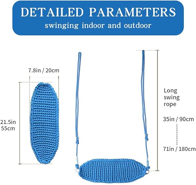 Hand-Knitting Kids Swing, Indoor Outdoor Portable Tree Swing Seat,Adjustable Ropes, with Hanging Strap and Snap Hook for Camping Hiking Backyard Playset and Playroom, Easy Install(Blue)