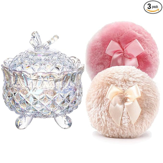 Luxury 4 Inch Glass Powder Container with 2 Soft 3.5" Puffs｜Non-Sealed Refillable Organizer for Body Powder,Makeup & Jewelry｜Setting Powder Applicator w/Loose Powder Storage(Butterfly-Dazzling Color)