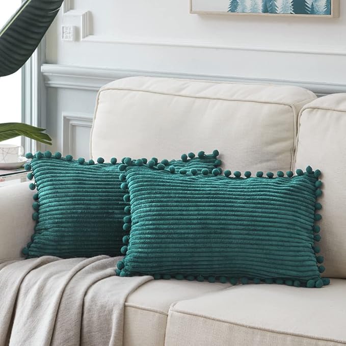 Fancy Homi Pack of 2 Teal Decorative Throw Pillow Covers 12x24 Inch with Pom-poms for Living Room Couch Sofa Bedroom, Soft Corduroy Solid Lumbar Cushion Case 30x60 cm, Rustic Farmhouse Home Decor