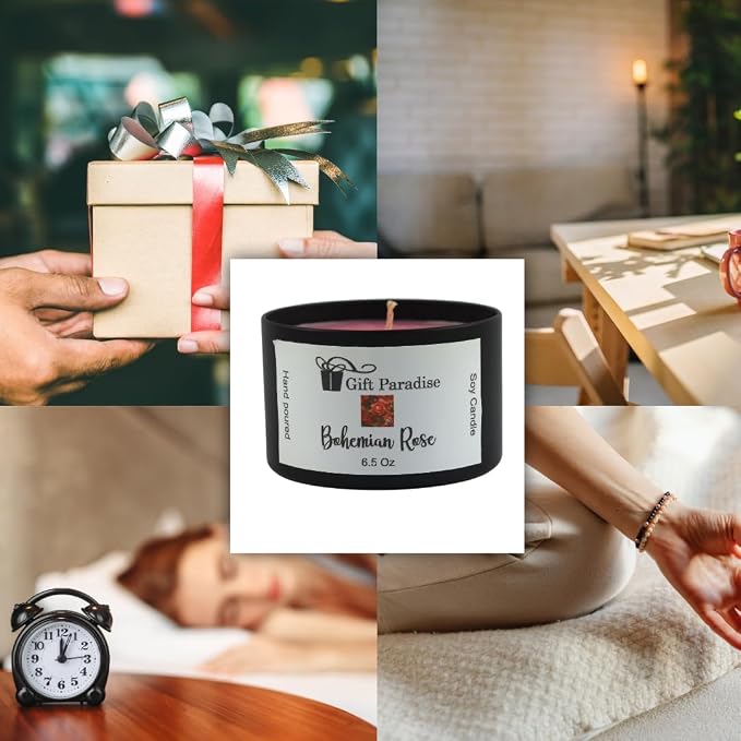 Bohemian Rose Soy Wax Candle in Black Metal Tin, 6.5 oz, Cotton Wick, Rose Garden, Floral Scented Candle