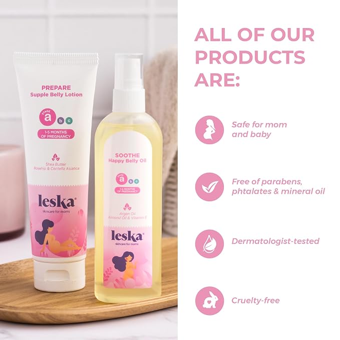 Leska Maternity Lotion & Oil | STAGE A: PREPARE & SOOTHE Supple Belly Lotion & Happy Belly Oil (Pregnancy Months 1-5) | Part of a Complete 3-Stage Pregnancy Skincare System | New Mom Gifts (4-4.22oz)