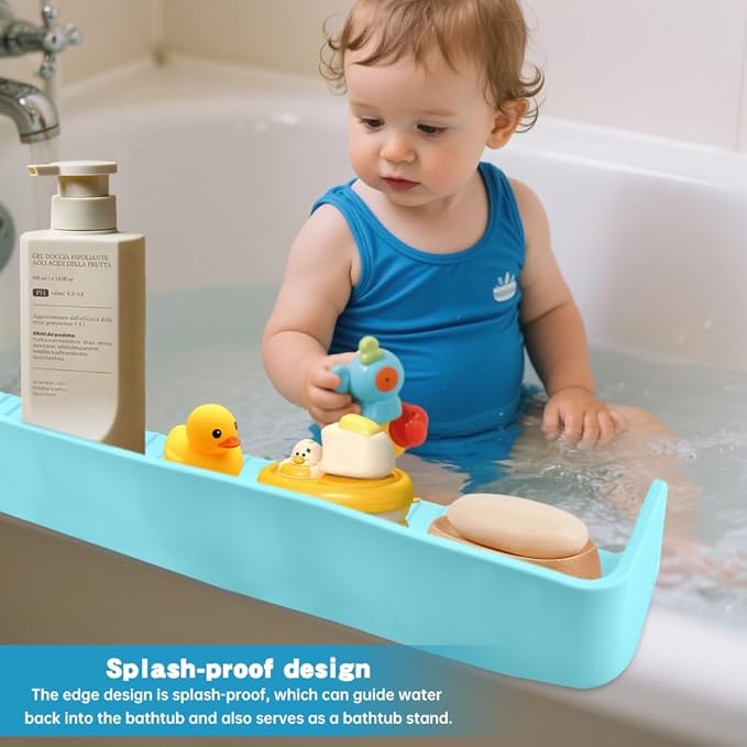 Bathtub Splash Guard for Tub,Longer Silicone Tub Water Splash Guard with 11 Suction Cups,Toy Holder Play Shelf for Bathtime, Prevents Water Spills in Bathroom,Blue