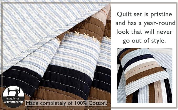 Cozy Line Home Fashions Sailor Navy Blue Star Striped Print Cotton Reversible Bedding Quilt Set (Nathan Stripe, Queen)