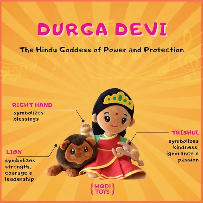 MODI TOYS Durga Devi (Small - 7 inch) Mantra Singing Plush Toy | Ideal for Newborns, Infants, Toddlers, Grandparents | Best for Diwali, Baby Shower, Birthday, Housewarming