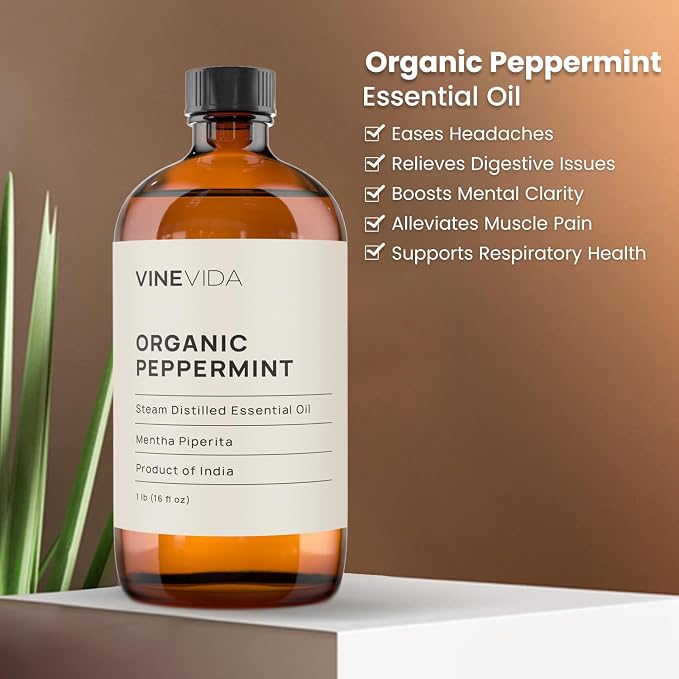 VINEVIDA Organic Peppermint Essential Oil - 16 oz - Undiluted - DIY Candle Scents & Bulk for Soap Making