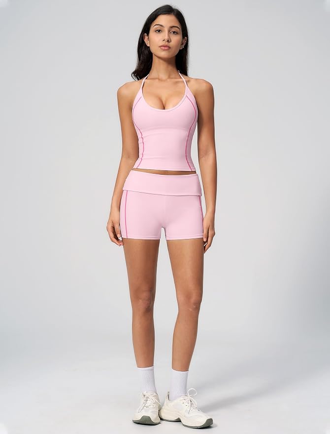 QBGJTD Women 2 Piece Workout Set Color Block Open Back Halter Top and High Waist Booty Lifting Shorts Yoga Outfit