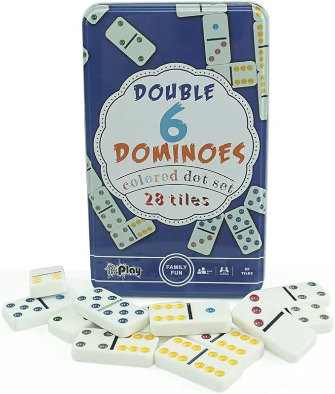 PUREPLAY Double 6 Colored Dot Dominoes Game Set,28 Pieces Dominoes Tiles with Reusable Collectors Tin,Domino for Adults-Party Favors and Anytime Use,for 2 or More Players