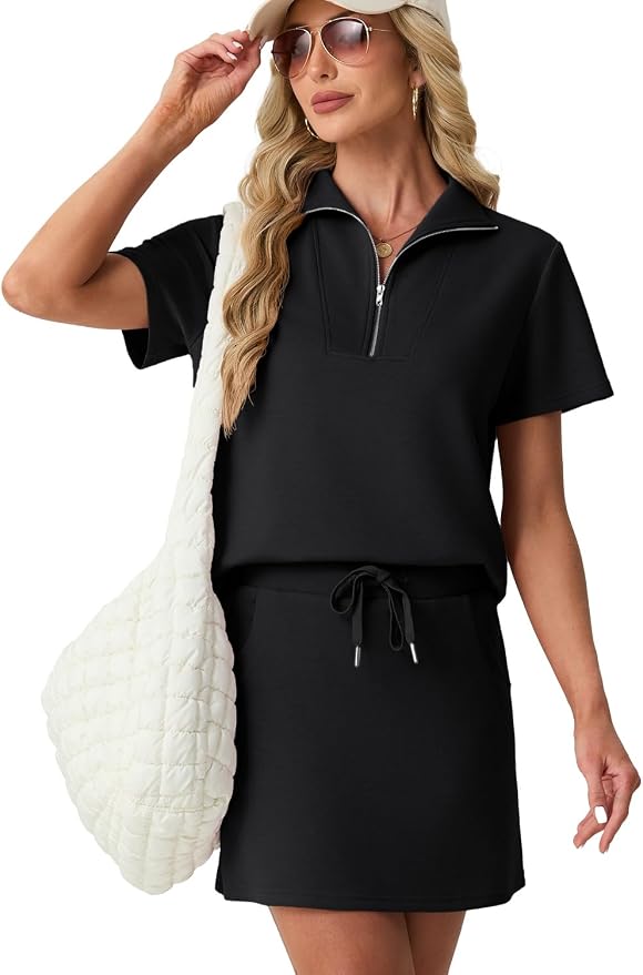 GRECERELLE Women's Summer 2 Piece Skort Set Half Zip Short Sleeve Top & Pocketed Tennis Skirt For Sports & Vacations.