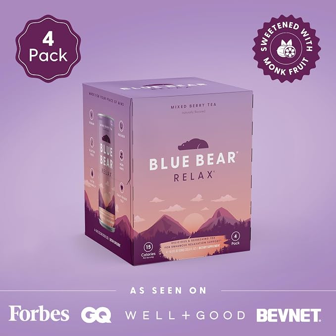 Blue Bear Relax Adaptogen Drink, Ready-to-Drink Mixed Berry Tea, Calming & Relaxation Beverage for Stress Relief, Nootropics & Botanicals, Caffeine-Free, Zero Sugar, 8.4 Fl Oz (4 Pack)