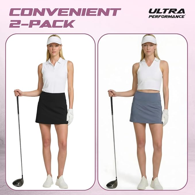 Ultra Performance Womens Golf Skirt 2 Pack Women’s Tennis Skort with Compression Liner Athletic Skirts for Women with Pockets